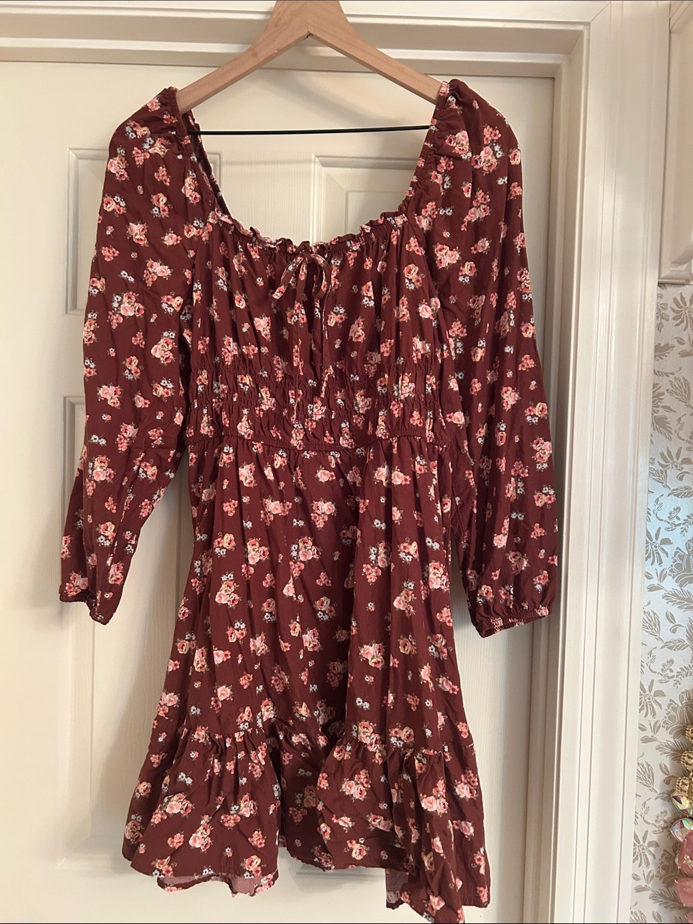 Celebrity pink burgundy floral mini dress
